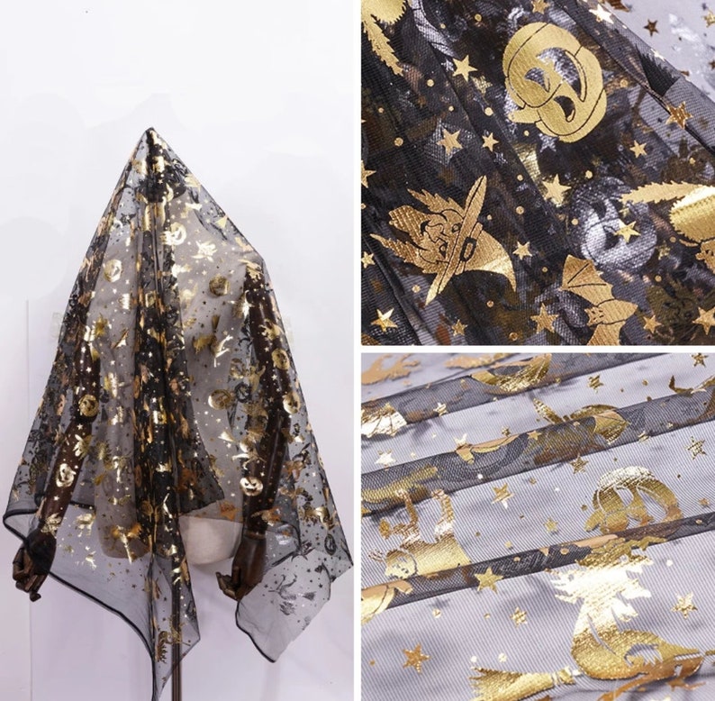 May include: Black sheer fabric featuring gold Halloween motifs such as pumpkins, bats, and stars. The fabric is draped, displaying the pattern. Suitable for costumes or decorations.