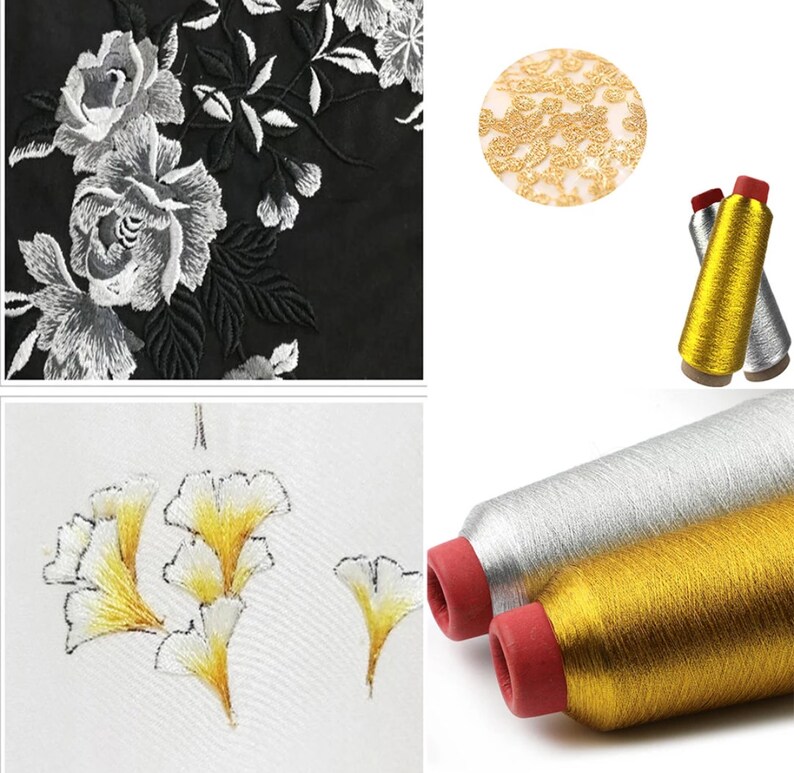 May include: An assortment of embroidery elements. Includes a black fabric with white and gray floral embroidery, a close-up of gold lace, and spools of gold and silver metallic thread. Also, a white fabric with yellow and white leaf embroidery.