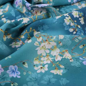 Teal Floral Viscose Rayon Fabric for Dresses, Fabric for Blouse Skirts, Flower Flowy Soft Fabric, Drape Fabric, Lightweight Thin Material