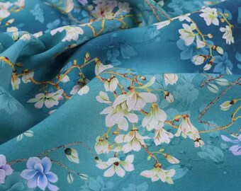 Teal Floral Viscose Rayon Fabric for Dresses, Fabric for Blouse Skirts, Flower Flowy Soft Fabric, Drape Fabric, Lightweight Thin Material