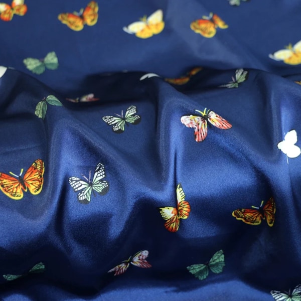 Soft Silky Satin Charmeuse Fabric Material By Meter With Butterfly Print For Lining, Scarf | Charmeuse Fabrics | Charmeuse Satin Hair Ties