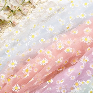 1.7 Yard Daisy Printed Tulle Mesh Fabric | Sheer Fabric | Floral Organza Fabric By The Yard | Lace Fabric | Floral Embroidered For Dresses