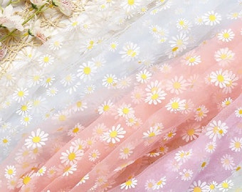 1.7 Yard Daisy Printed Tulle Mesh Fabric | Sheer Fabric | Floral Organza Fabric By The Yard | Lace Fabric | Floral Embroidered For Dresses