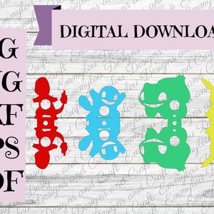 May include: Digital download files for SVG, PNG, DXF, EPS, and PDF formats. The image shows three cartoon characters in different colors: red, blue, and green.