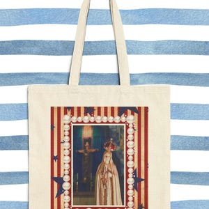 Religiöse Jungfrau Maria Baumwollleinen-Einkaufstasche mit Bild der Perlen und Sterne, Unsere Dame Von Fatima, Mutter Gottes, Heilige Maria, Christliches Geschenk