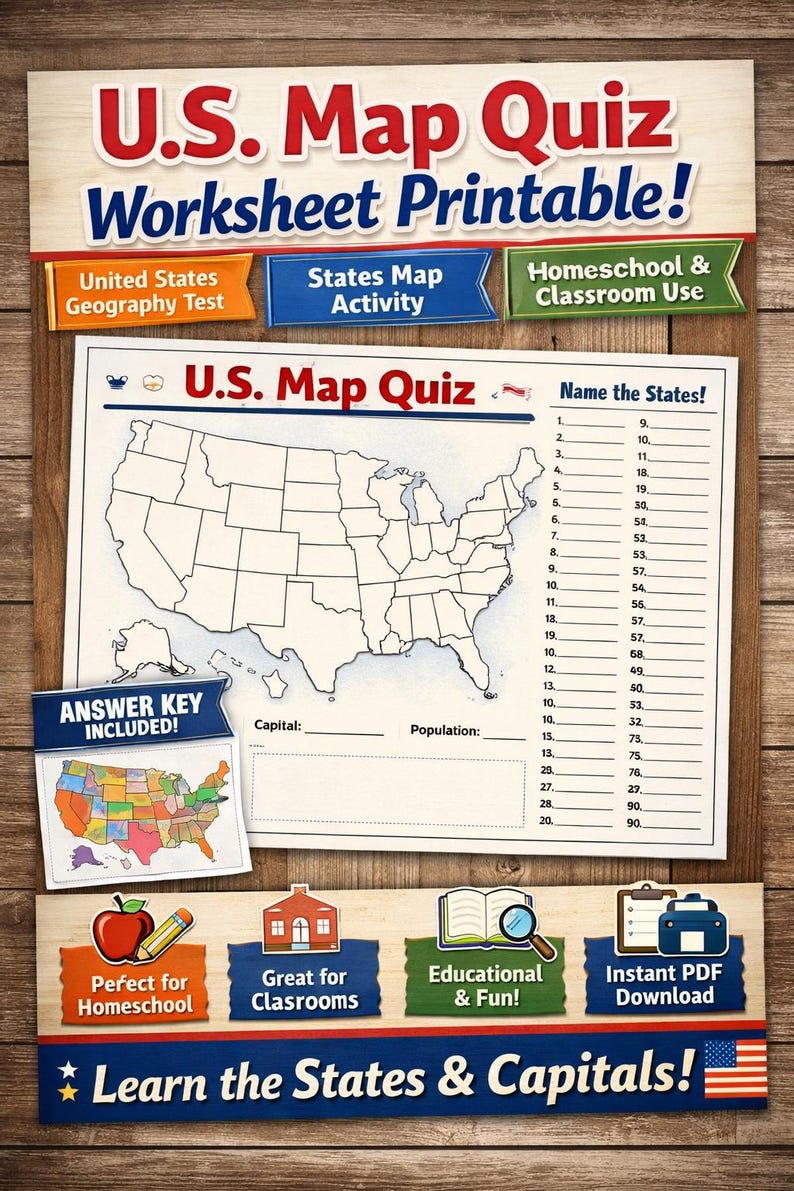 United States Map Quiz Printable | USA States Worksheet | 50 States ...