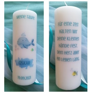 Baptism candle with whale and fish - customizable - with your own baptism motto - boy - girl