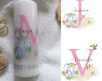 Geburtskerze, Kerze zur Geburt, Geburtsgeschenk, personalisierbar mit Geburtsdaten, Monogramm, Junge, Mädchen, Geschenk Baby, Elefant