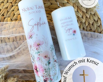 Taufkerze Wildblumen mit gold, Kreuz, Taufspruch, Mädchen, Taufgeschenk, Patenkerze, Kommunion,Kerze zur Firmung,Konfirmation,Hochzeitskerze