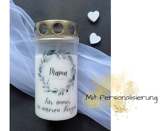 Grave candle, mourning candle customizable with wreath of leaves - mourning - condolences - mourning gift - expression of condolence - outdoor - with saying - set