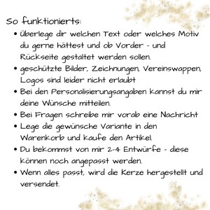 Sonderanfertigung, Kerze mit Wunschtext, Wunschmotiv, individuelles Design mit Entwurf, Taufkerze, Hochzeitskerze, Geburtstagskerze, unikat Bild 8