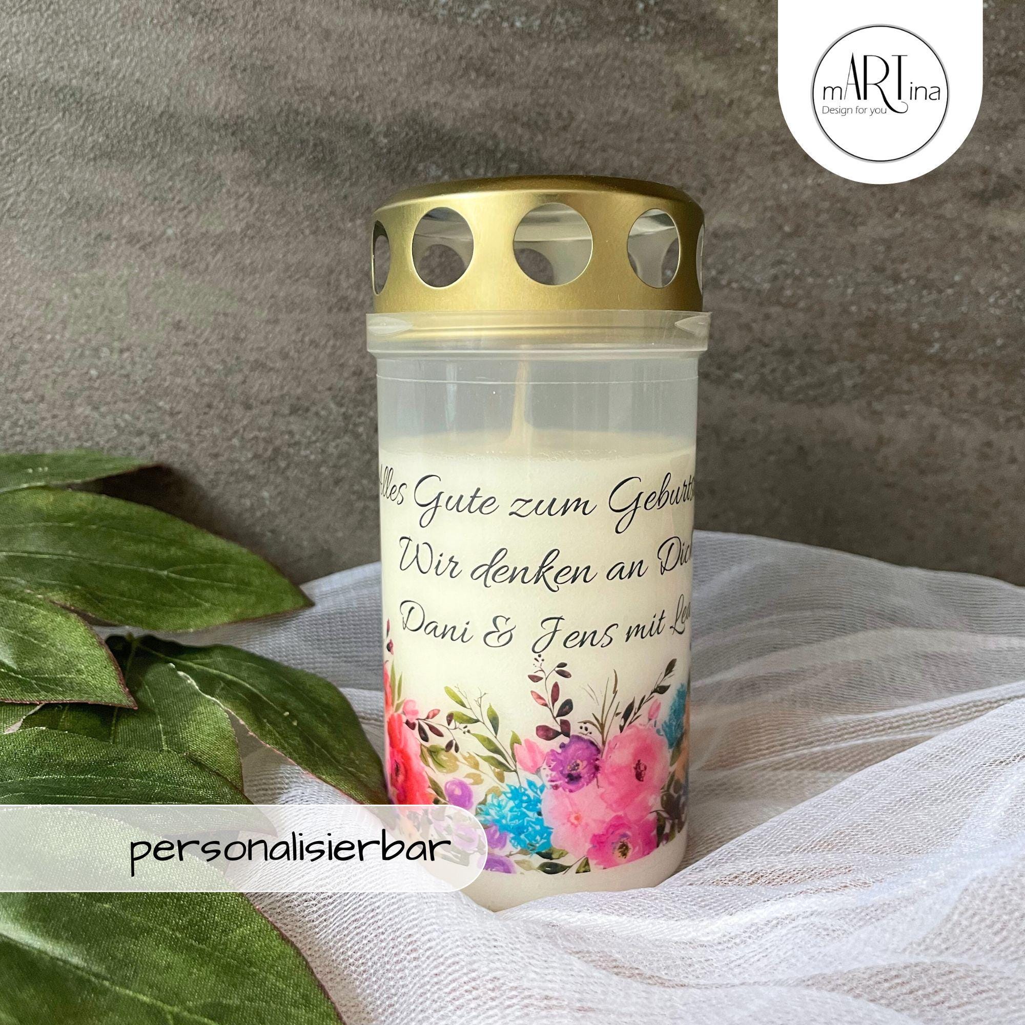 Grabkerze zum Geburtstag, Muttertag, Trauerkerze personalisierbar, Grablicht, Blumen, Geschenk zum Himmelsgeburtstag, Geschenk Trauernde