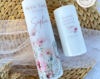 Taufkerze Wildblumen mit gold, Taufspruch, Mädchen, Taufgeschenk, Patenkerze, Kommunion, Kerze zur Firmung, Konfirmation, Hochzeitskerze