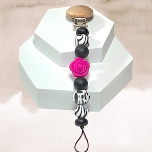 Pink Flower with Black and White  Dalmatian Silicone Pacifier Clip | Pink Flower Dummy Clip