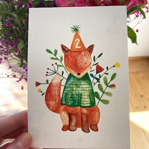 Geburtstagskarte zum 2. Geburtstag. 2. Geburtstag Karte, Geschenk, Fuchskarte