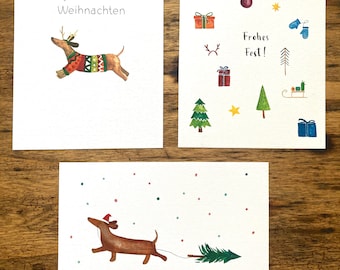 Weihnachtskarten Set, Weihnachtskarten handgemalt, Aquarell, Dackel