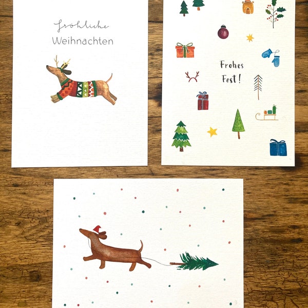 Weihnachtskarten Set, Weihnachtskarten handgemalt, Aquarell, Dackel