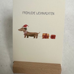 Weihnachtskarte Dackel mit Geschenken, Weihnachtskarte Aquarell
