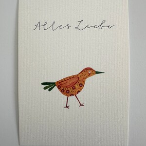 Postkarte mit Vogel zum Geburtstag/ „Alles Liebe“/ Auquarell