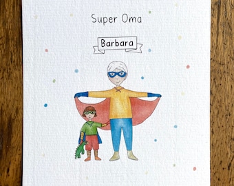 Super Oma/ Personalisiserung / Postkarte / Geschenk Oma / Karte für die Oma / Danke Oma