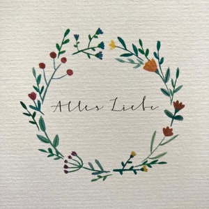 Postkarte mit Blumen zum Geburtstag/ „Alles Liebe“/ Blumenkranz Postkarte