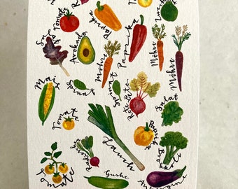 Karte Gemüse, Mini Poster Gemüse, Küche Dekoration