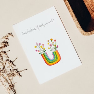 Aquarell Glückwunschkarte Geburtstag,  Regenbogenvase mit Blumen