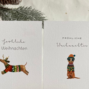 Weihnachtskarten Set Dackel und Erdmännchen, Fröhliche Weihnachten Aquarell Postkarten
