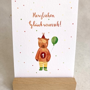 Karte zum 1. Geburtstag, Postkarte Geburtstag, Karte mit Bär zum 1. Geburtstag