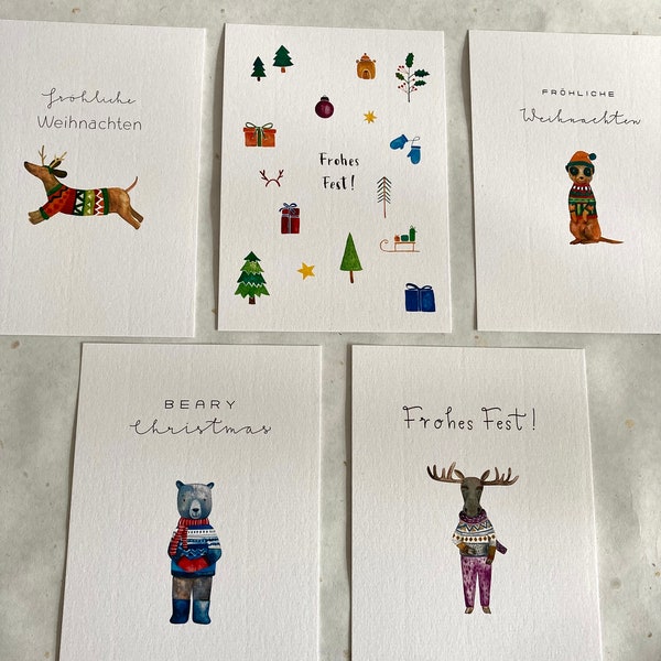 Weihnachtskarten Set/ Aquarell Weihnachtskarten/ Hirsch/ Erdmännchen/Bär/ Dackel