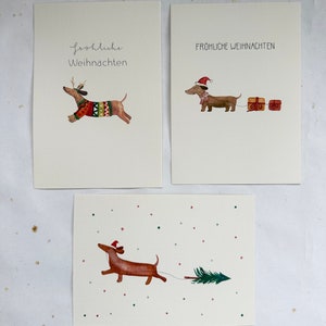 Aquarell Weihnachtskarten Set mit Dackelmotiven – 3 fröhliche Karten für die Weihnachtszeit