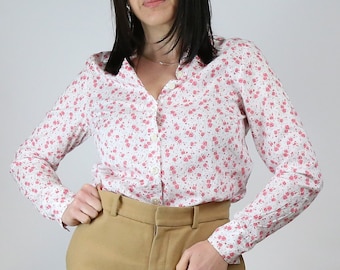 CLEARANCE SALE Women's Vintage Rose Print Button Up Blouse | Long Sleeve | 1990s