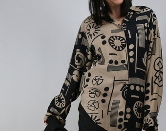 CLEARANCE SALE Women's Vintage 80s Abstract Shirt | Oversized | Long Sleeve | 1980s