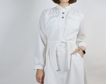 Women's Vintage Nurse Style Midi Dress | Floral Buttons | Chest Pockets | Self Waist Belt | Side Pockets