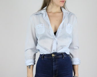 CLEARANCE SALE Vintage Button Up Blouse | Baby Blue | Semi Sheer