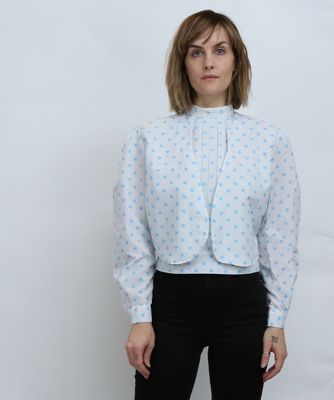 Blouse courte vintage à pois pour femme Boutonner Retour Bleu
