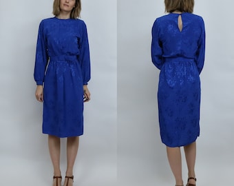 Women's Vintage 1980s Midi Column Dress | Electric Blue | Self Fabric Belt | Long Sleeves | Jaclyn Petites Toronto