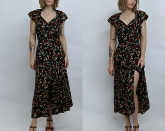 Women's Vintage 1990s Maxi Dress | Floral Sweetheart Neckline | Criss Cross Back | Tie Waist | Betsy Lauren