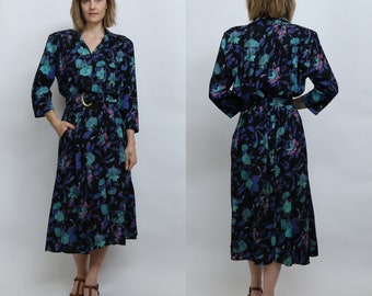 Women's Vintage 80s Maxi Day Dress | Belted Waist | Long Sleeve | "TARETI" | Rayon | Made in USA