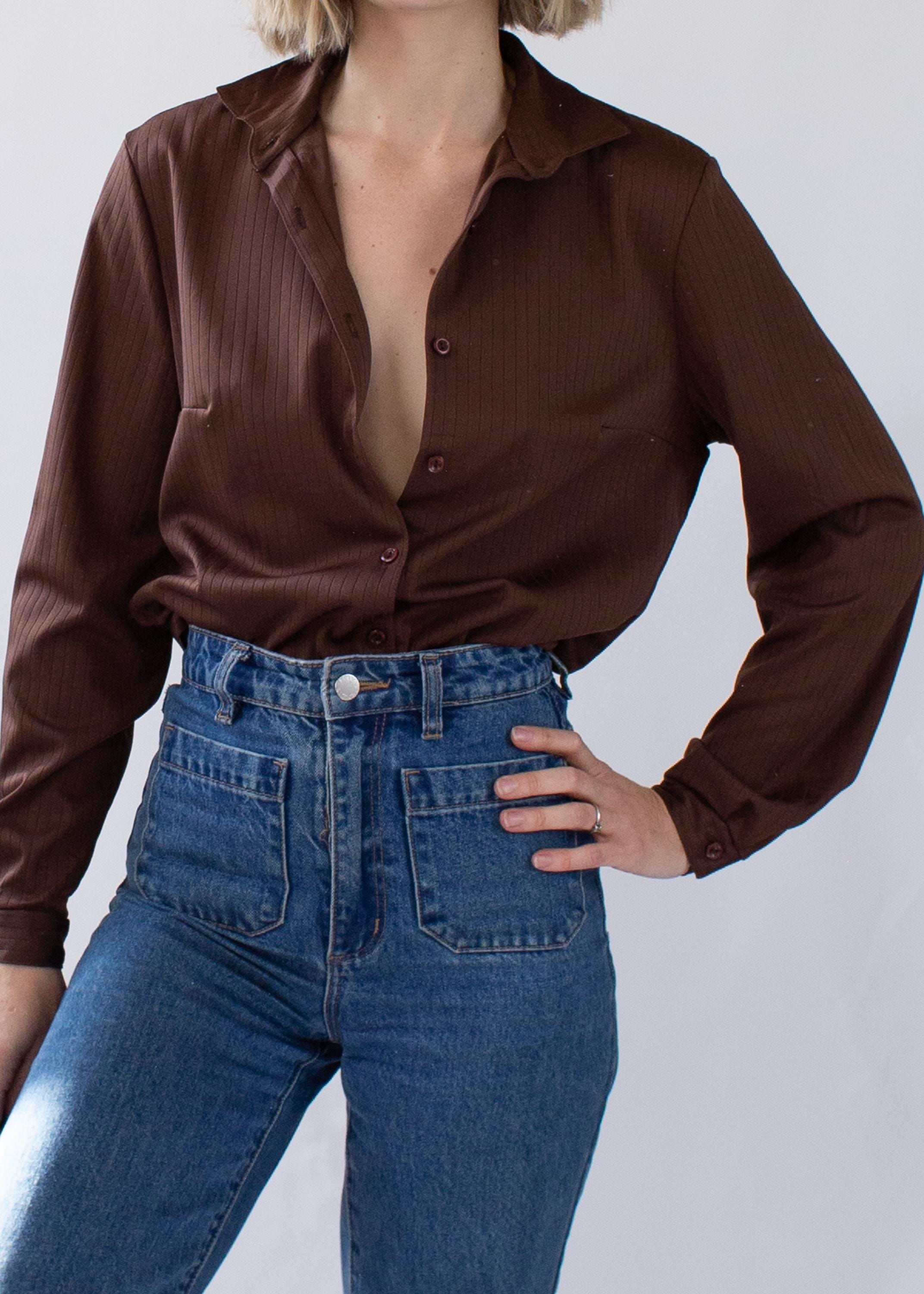 Women's Vintage Chocolate Brown Pinstripe Blouse | Long Sleeves | Great Condition
