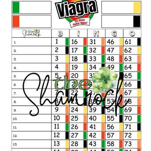 May include: A novelty bingo card with the word "Viagra" and the phrase "The Dicker Picker Upper!" at the top. The card features the word "Shamrock" and bingo numbers in a grid. The card has green, orange, yellow, and black accents.