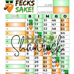 May include: St. Patrick's Day bingo card with green and orange boxes. The card features a leprechaun graphic and the text "OH FER FECKS SAKE!". The word "Shamrock" is also present.