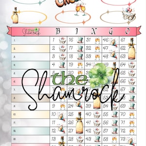 May include: A festive bingo card with a St. Patrick's Day theme. The card features the words "Cheers!" and "Shamrock," along with illustrations of champagne bottles, hats, and masks. The bingo grid is filled with numbers and themed images.