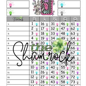 May include: A bingo card with the text "Anxiety" and "ON/OFF" with a skeleton hand graphic. The card features the text "the Shamrock" and numbers 1-75 with lightbulb icons in various colors. The card is white.
