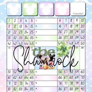 以下が含まれることがあります： パステルカラーの背景に、ミッキーマウスのシルエットと1から100までの数字が描かれたビンゴカード。「the Shamrock」の文字とミッキーとミニーの画像が特徴です。