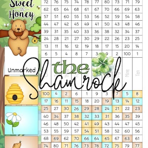 May include: A colorful educational game featuring a bear, bees, and a honeycomb. The game board has a grid of numbers and the words "the Shamrock" and "Sweet as Honey".