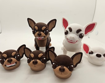May include: Five small chihuahua figurines, four brown and one white. The figurines are all in a playful pose with their tongues sticking out.