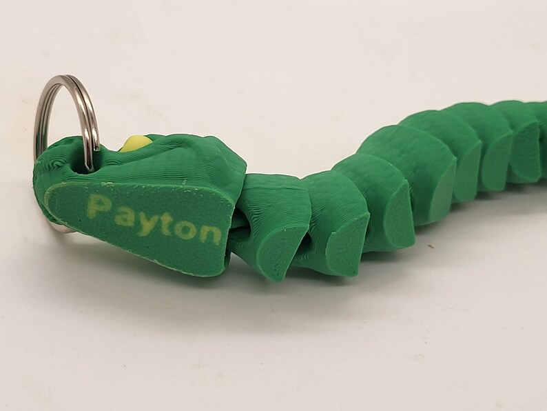 以下が含まれることがあります： 銀色のキーリングと頭部に「Payton」という名前が印刷された、緑色のセグメント化された毛虫のキーホルダーです。