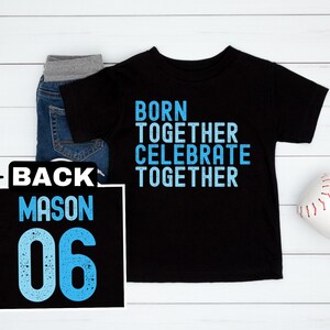 Tweeling verjaardagsshirt voor jongens, samen geboren vieren, bijpassend shirt tweeling, aangepast verjaardagsshirt, gepersonaliseerd met naam en leeftijd