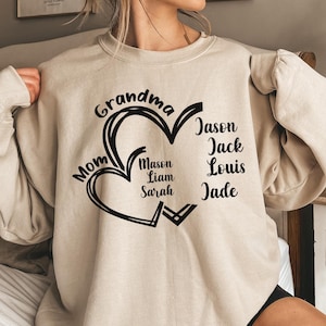 Personalized Mom Grandma Heart Sweatshirt With Kids Name, Custom Gigi Sweater With Grandkids Name, Gift for Grandma, Custom Granny Gift
